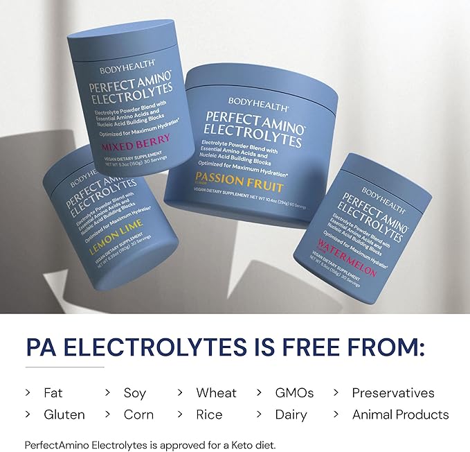 BodyHealth PerfectAmino Electrolytes Powder No Sugar, Hydration Fasting Keto Zero Sugar Electrolytes Drink Mix with Trace Minerals - Passion Fruit - 30 Servings