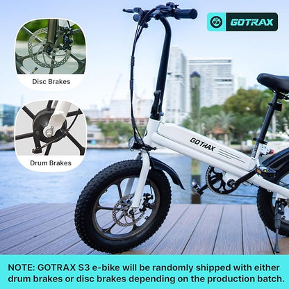 Gotrax S3 Electric Bike, 16x3.0 Fat Tire Electric Bicycle Adults, 750W Peak Motor, Max Range 25 Miles, Up to 20 Mph, Removable Battery, Adjustable Seat, Folding Electric Bike for Adults/Teens 13+
