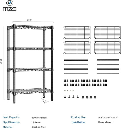 1000 lbs 4 Tier Shelf Metal Storage Shelves Wire Rack Closet Organizers for Garage Kitchen Bathroom Laundry Black 11.8" D x 25.6" W x 45.5" H