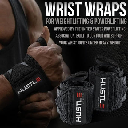 Hustle Athletics Wrist Wraps for Weightlifting – Max Wrist Support for Safe & Heavy Lifts, USPA Approved 18" & 12" Lengths, Thumb Loop Gym Straps for Powerlifting & Weight Lifting for Men and Women