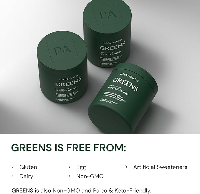 BodyHealth Greens Enhanced with PerfectAmino - Daily Superfood Green Apple Smoothie Powder with Vegetables, Fruit, Antioxidants, Prebiotics, Probiotics, Fiber, and Protein - 40 Servings