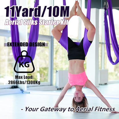 Aerial Silks Kit & Aerial Yoga Hammock - 11Yd Premium Fabric Hardware - Easy Setup for Flying Yoga, Aerial Swing & Fitness - Supports Up to 14ft Rigging