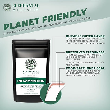 Elephantal Wellness Premium Inflammation Herbal Tea | Comfort & Mobility Blend with Turmeric, Boswellia, White Willow Bark & Ginger | Handmade, Non-GMO, Caffeine-Free Loose Leaf, 2oz, 20 Servings