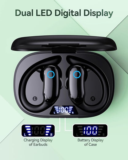 GNMN Active Noise Cancelling Ear Buds Wireless Earbuds 96hrs Playback Bluetooth Headphones IPX7 Waterproof Stereo Bass Over-Ear Earphones with Earhooks Microphone LED Battery Display for Sports/Gym