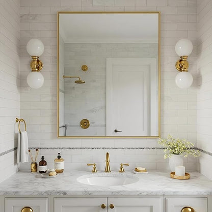 24x30 Inch Brass Bathroom Mirror for Wall, Aluminum Frame Rectangle Rectangular Vanity Mirror, Modern Large for Bedroom, Living Room, Horizontal or Vertical