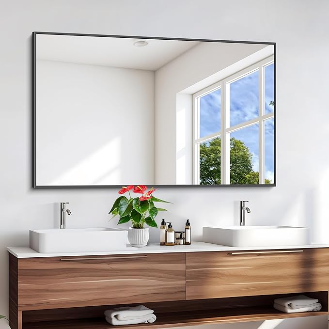 Black Bathroom Mirror for Wall, 55x36 Inch Rectangle Mirrors with Metal Frame, Modern Vanity Wall Mirror Decor for Entryway Hangs, Bathroom Living Room Horizontal or Vertical