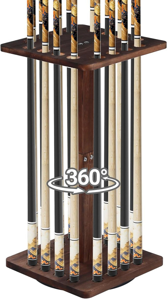 360 Degree Rotating Pool Stick Holder, Pool Cue Holders for Billiard Room, Floor Stand Billiard Cue Rack up to 16 Sticks, Natural Wood Pool Cue Equipment Storage Organizer, Billiard Gifts for Men