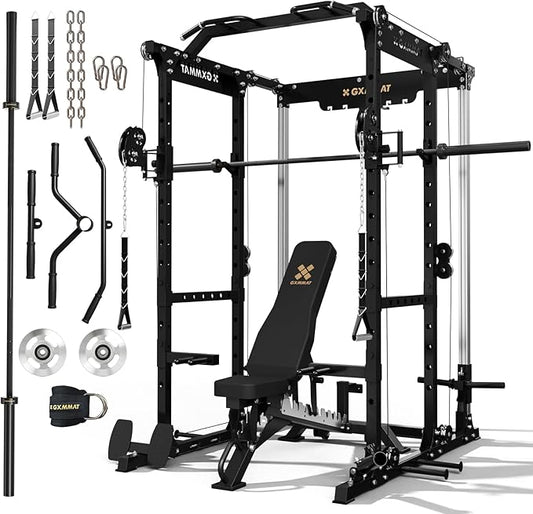 GXMMAT X6 Power Cage, 2200LB Multi-Function Power Rack with Independent Dual Aluminum Pulley System, Squat Rack for Home Gym Strength Training Equipment, Heavy-Duty Steel Construction