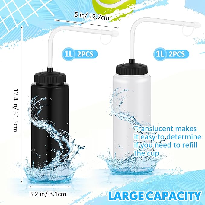 Domensi 4 Pack 1 Liter Sports Water Bottle W/long Straw Hockey Lacrosse Water Bottle with Straw Bpa Free Squeeze Plastic Use Sport Helmet in Football Baseball Gym(Black/translucent,Classic)