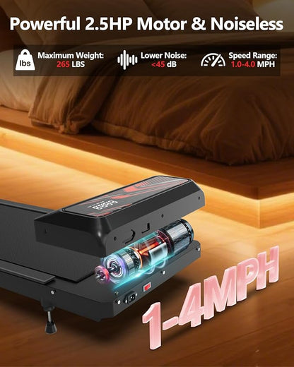 2.5HP Walking Treadmill Pad Incline, Under Desk Treadmill with Remote, 3 in 1 Low Noise Small Walking Mini Pad with Led Screen, Compact Treadmills for Home, 265lbs Capacity