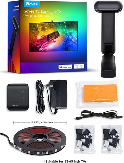 Govee Envisual TV LED Backlight T2 with Dual Cameras, 11.8ft RGBIC Wi-Fi LED Strip Lights for 55-65 inch TVs, Double Strip Light Beads, for Home Decorations, Smart App Control, Music Sync