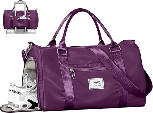 FIORETTO Womens Gym Tote Duffle Bag with Wet Pocket & Shoe Compartment, Sports Duffel Overnight Weekender Hospital Workout Carry on Bag for Girls, Ideal for Travel, Swimming, Dance, Ballet Dark Purple