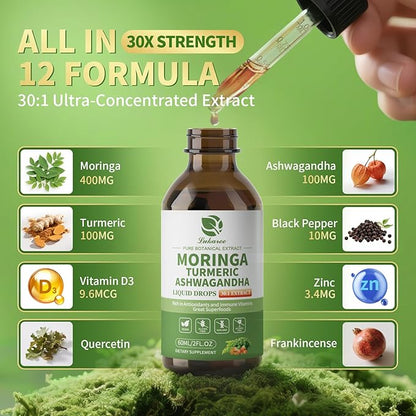 12-in-1 Lipsomal Moringa Leaf Drops with Ashwagandha Turmeric Quercetin, 98% Absorption & 30:1 Pure Moringa Extract for Energy Immune Joint Digestive Support, Vegan Non-GMO Gluten-Free