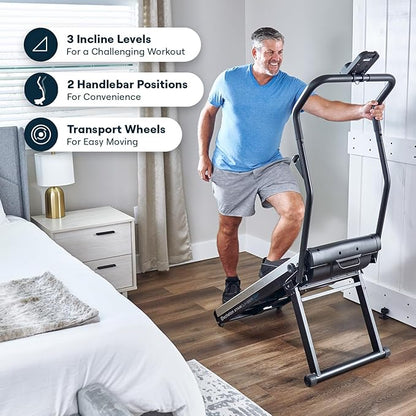 Echelon Stair Climber Sport for Low Impact Cardio at Home – Foldable Design, 3 Incline Levels, Adjustable Resistance, 3 inch Display, Bluetooth, 2 Handle Positions (Battery Powered)