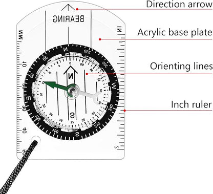 17 Pieces Orienteering Magnetic Compass Adjustable Declination Map