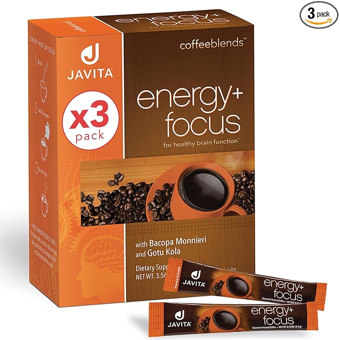 Javita Energy + Focus Instant Coffee Packets, 100% South American Arabica & Robusta Blend, plus Herbs for Clarity, Energy, & Focus, Keto, Dieters Drink, 3 boxes of 24 (4.2g) sticks