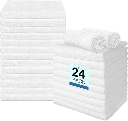 24 Pack Hand Towels Set - Highly Absorbent and Quick Drying Microfiber Gym Towels, Premium Wash Cloths for Bathroom, Salon, Gym, Shower, Hotel, and Spa - 16x27 inch (White)