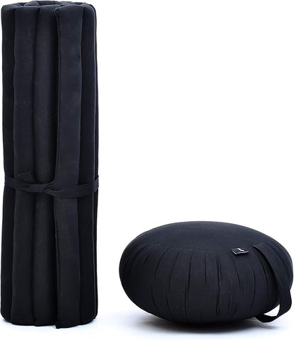 Leewadee Meditation Cushion Set – 1 Round Zafu Meditation Pillow and 1 Square Roll-Up Zabuton Meditation Mat, Pillows Bundle Filled with Kapok