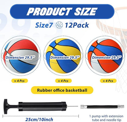 Jerify 12 Pcs 29.5" Official Size 7 Basketballs Bulk Rubber Standard Basketballs with Pump Indoor Outdoor for Training Play