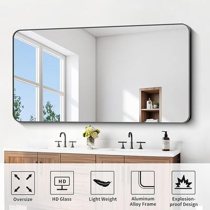 FORBATH Large Bathroom Mirror 72x36 Inches, Black Oversized Wall Mirror for 2 Sinks Aluminum Frame Full Length Rounded Corner Morndern Mirror for Bathroom Bedroom Entryway Living Room