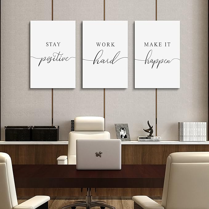 Framed Canvas Wall Art Work Quote, Office Wall Art Decor, Stay positive work hard make it happen, gift for father, boss gift, Inspirational Prints, Motivaional Wall Art (G-3pcs,16x24inchx3pcs)