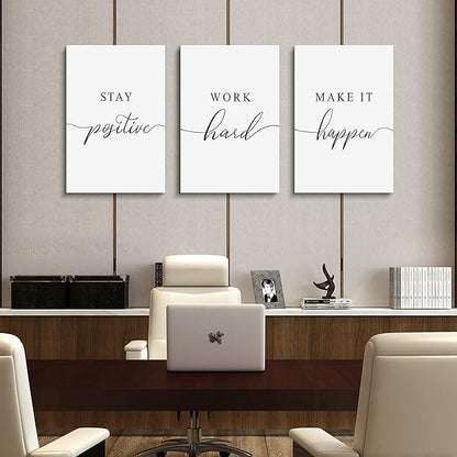 Framed Canvas Wall Art Work Quote, Office Wall Art Decor, Stay positive work hard make it happen, gift for father, boss gift, Inspirational Prints, Motivaional Wall Art (G-3pcs,16x24inchx3pcs)