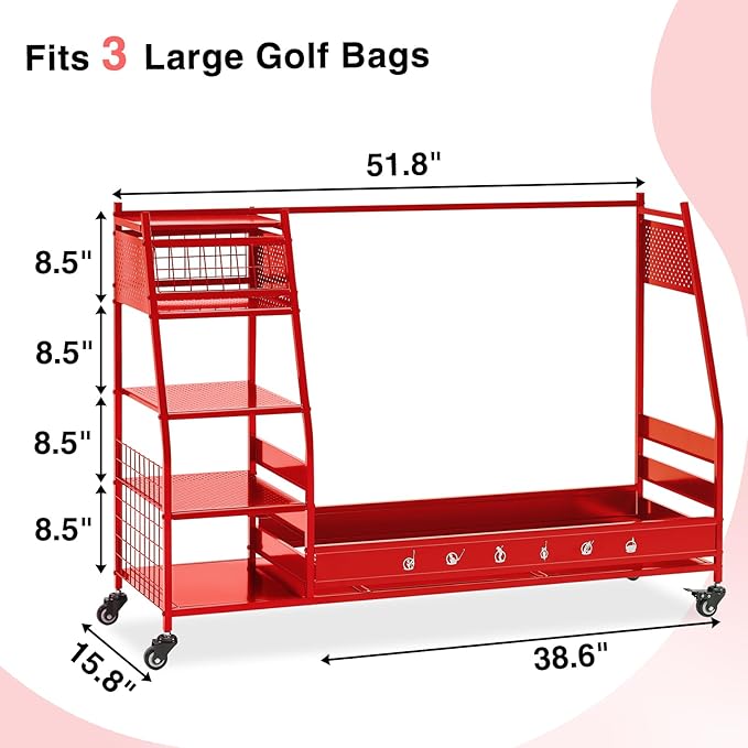 Lauren&Harold Golf Bag Organizer Garage Storage, Golf Storage Rack Stand Fits 2 Golf Bags, Golf Clubs and Other Golfing Equipment Accessories, Golf Organizer for Garage, Club, Shed, Basement