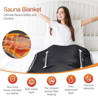 Infrared Sauna Blanket-Sauna Blanket for Home Use, Portable Design for Relaxation and Detoxification Highest 176℉, 20-60 Minutes Timer, 6 ft x 2.65 ft（Black）