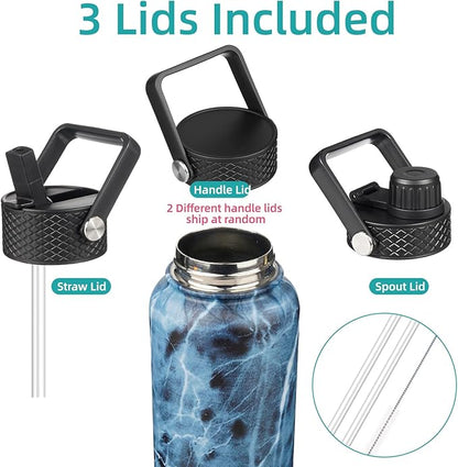 22oz Stainless Steel Bottles with 3 Lids Sport Insulated Water Bottle,Marble Ocean
