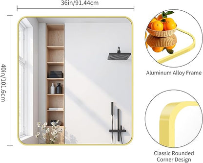 FORBATH 40x36 Inch Gold Bathroom Mirror for Over Sink, Large Rectanglar Wall Mirror with Metal Frame, Rounded Corners for Bathroom, Bedroom, Entryway Decor (Horizontal or Vertical)