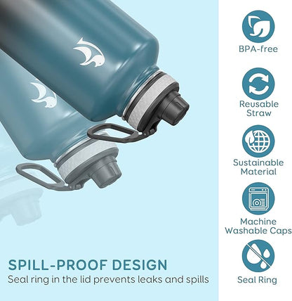 Coolflask Water Bottle 87 oz with Straw, 2/3 Gallon Insulated Stainless Steel Large 3 Lids Big Water Jug for Sports or Office, Non-BPA Keep Cold Up to 48 Hrs or Hot Up to 24 Hrs, Samurai Cyan