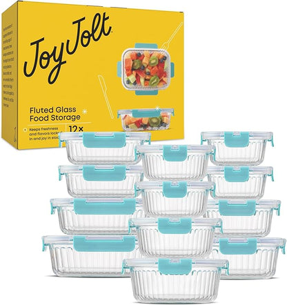 JoyJolt 24pc Borosilicate Glass Storage Containers with Lids | 12 Airtight/Freezer Safe Food Storage Containers for Pantry and Kitchen | Meal Prep Container for Lunch | Glass Tupperware Set