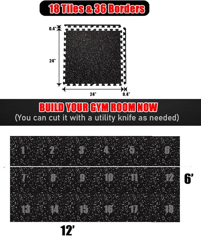 0.6 Inch Thick 72 Sq Ft Rubber Gym Mat,18 Tiles 24 x 24 in