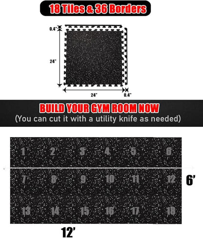 0.6 Inch Thick 72 Sq Ft Rubber Gym Mat,18 Tiles 24 x 24 in