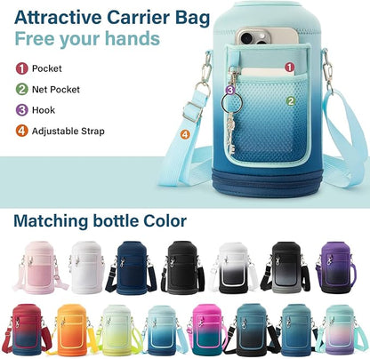 Insulated Water Bottle | Thickened Stainless Steel Vacuum Metal | Portable Sports Half Gallon Large Water Jug for Gym and Hiking with Straw, Carrier Bag, Handle Strap | BPA-Free 64 oz