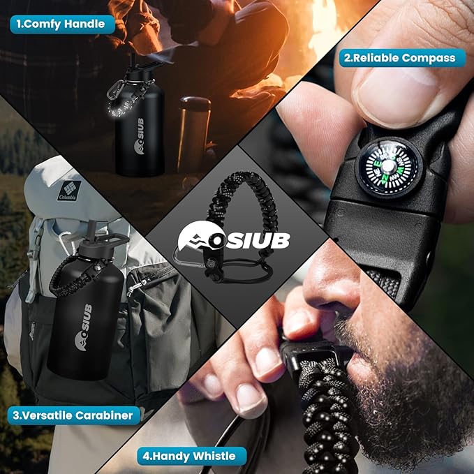 Insulated Water Bottle 128 oz, Triple Wall Vacuum Stainless Steel(Cold for 48 Hrs),Leak Proof & BPA-Free,One Gallon Water Bottle with Reflective Paracord & Flip Straw for Sports & Travel, Black