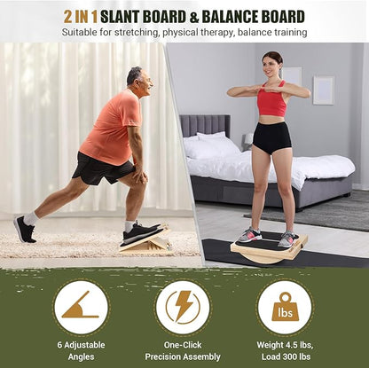 2-in-1 Wooden Slant Board & Balance Board, Portable 6 Angle Adjustable Calf Stretch Board with Training Poster, 300lb Weight Capacity Calf Ankle Stretcher for Physical Therapy, Squat & Core Strength
