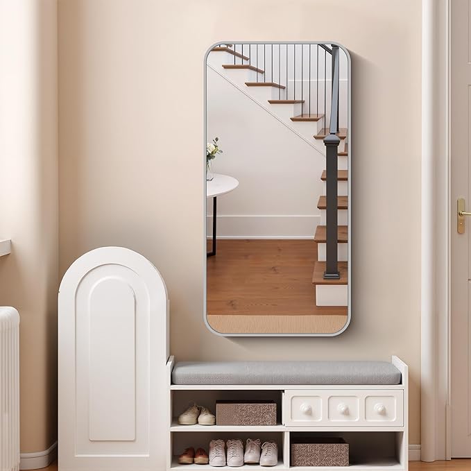 FORBATH 24x48 Inch Silver Bathroom Mirror for Over Sink, Narrow Rectangular Full Length Mirror with Metal Frame, Rounded Corners for Bathroom, Bedroom, Entryway Decor (Horizontal or Vertical)