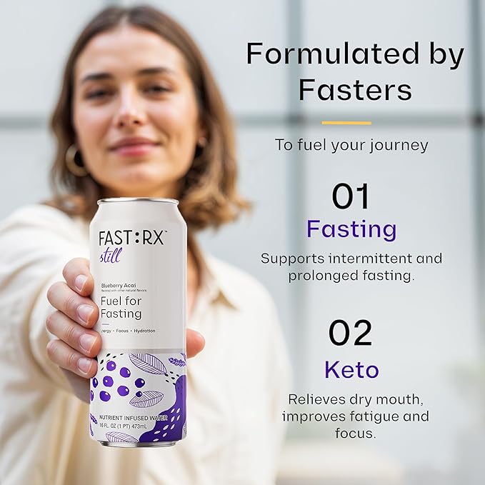 FASTRX Blueberry Acai Still Fasting Electrolyte Drink – Hunger Suppressant, Includes Essential Electrolytes and Vitamins, De-Sugared Blueberry Juice – Zero Sugar, 16 Fl Oz, Pack of 12