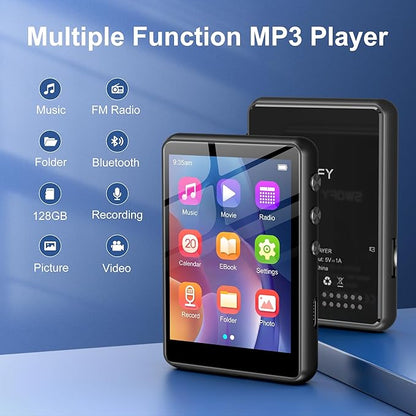 128GB MP3 Player with Bluetooth 5.3 Black, SWOFY M4 Music Player with 2.4" Touch Screen, HD Speaker FM Radio, Recording Support up 128GB