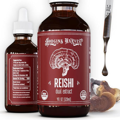 Hodgins Harvest Organic Reishi Tincture | Made with Mushrooms Grown On Our Farm in The USA | Dual Extract | Extra-Concentrated (4 fl oz)