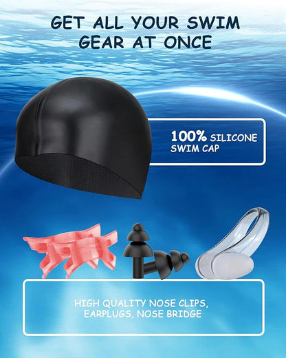 Kids Swim Goggles, Swimming Goggles for Kids Toddlers 3-14 with Swim Cap, Nose Clip, Nose Bridge, Ear Plugs