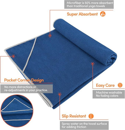 IUGA Yoga Towel for Hot Yoga Non Slip Extra Thick Yoga Mat Towel + Hand Towel 2in1 Set with Corner Pockets Super Absorbent and Quick Dry Hot Yoga Towel