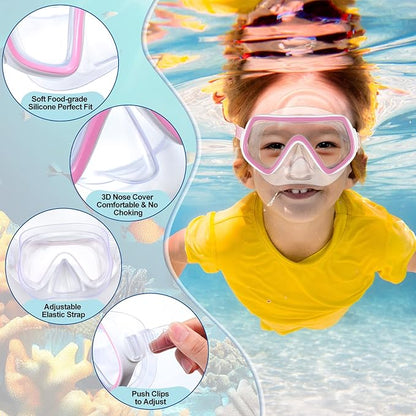 Hoolerry 4 Pcs Kids Nose Goggles Swim Goggles with Nose Cover for 3-8 Tempered Glass Snorkel Dive Mask Anti Fog with Elastic Strap No Leak Swimming Mask for Summer Diving Snorkeling