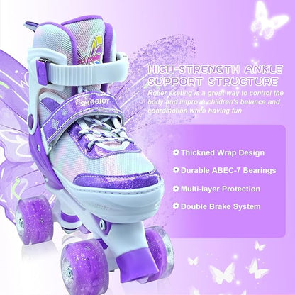 Kids Roller Skates for Girls-Outdoor 4 Size Adjustable Butterfly Quad Rollerskates for Indoor Ages 3-12 Years Beginners Children's Birthday Gift with Light Up Wheels patines para niñas Indoor