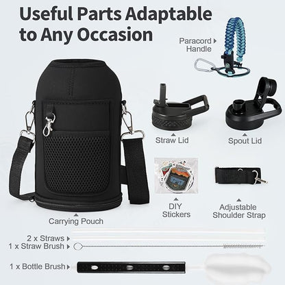 64 oz Insulated Water Bottle with Straw (Cold for 48 Hrs), Half Gallon Stainless Steel Triple Wall Vacuum Sports Water Jug, Leakproof Hydro Cup Flask with Straw Spout Lids & DIY Stickers