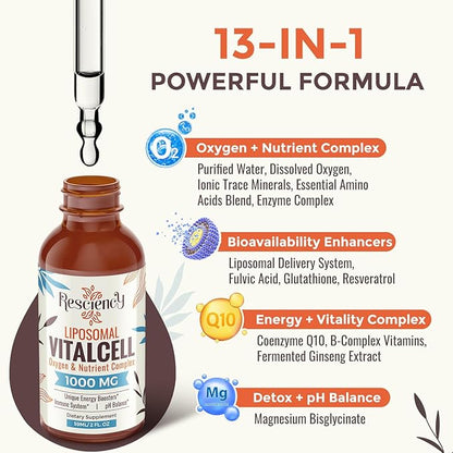 13-in-1 Liquid Oxygen & Nutrient Supplement for Energy, Altitude Support, Performance, Antioxidant, Immune, Fatigue & Detox, Liposomal for High Absorption, pH Balance, Organic, Gluten Free, 2 Fl Oz