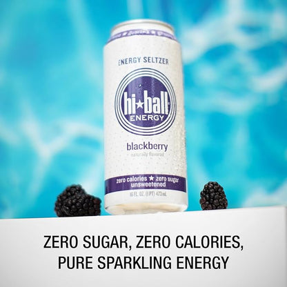 Hiball Clean Energy Seltzer Water, Caffeinated Sparkling Water Made with Vitamin B12 and Vitamin B6, Sugar Free 16 Fl Oz (Pack of 8), Blackberry