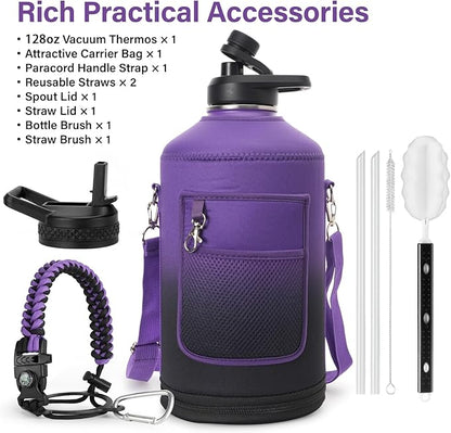 1 Gallon Water Bottle Insulated | Thickened Stainless Steel Vacuum Metal Water Jug | Portable Sports Large for Gym and Hiking with Straw, Carrier Bag, Handle Strap | BPA-Free 128 oz