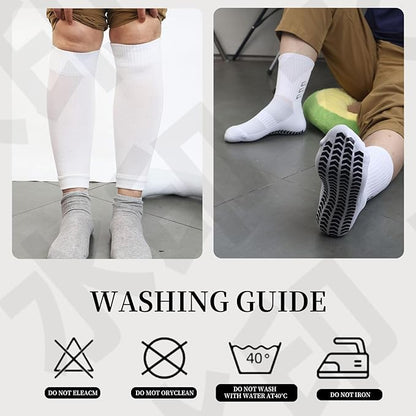 Grip Soccer Socks with Shin Guard Sleeves Non Slip Soccer Leg Sleeve Socks for Men Women Black/White 2 Set